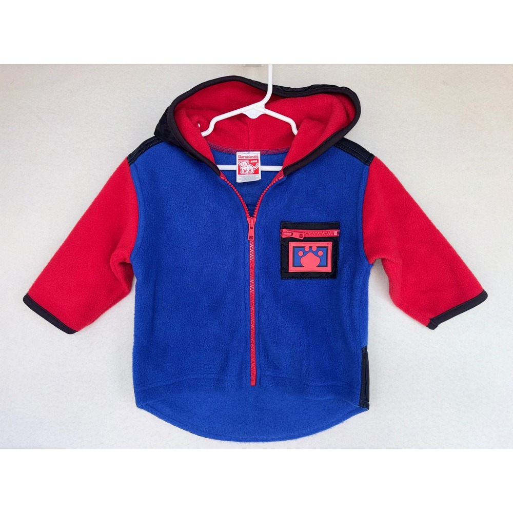 VINTAGE 90'S GARANIMALS Toddler Boy Jacket Fleece Zip Blue Red Fleece Hooded Paw